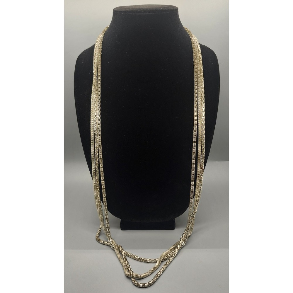 Long Multi-Strand Silver Tone Mesh Snake Chain Layered Necklace